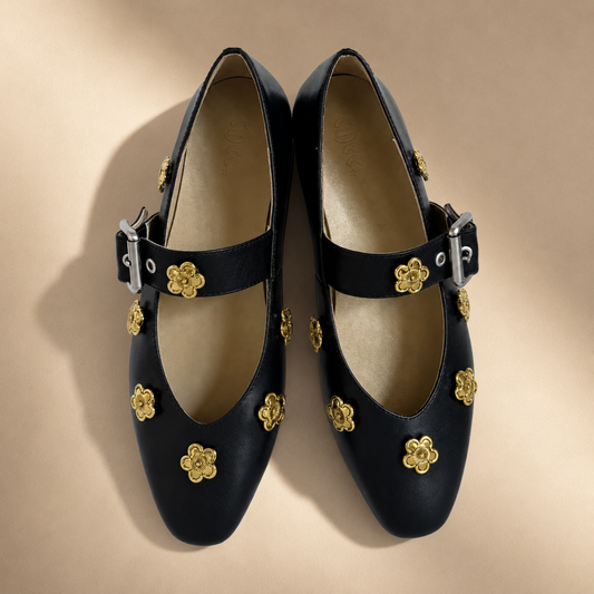 Black shoes with gold floral embellishments #gold