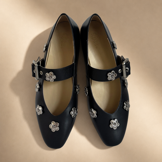 Black shoes with silver floral embellishments #silver